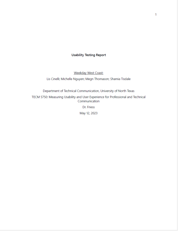 Cover page of PennyJuice Website Usability Testing Report, listing the team name, members, class information, professor, and date.