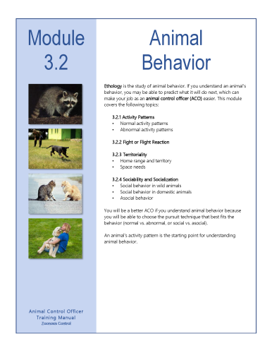 After redesign: training manual Module 3.2 Animal Behavior page with clear headings, bullet points, and sidebar images.