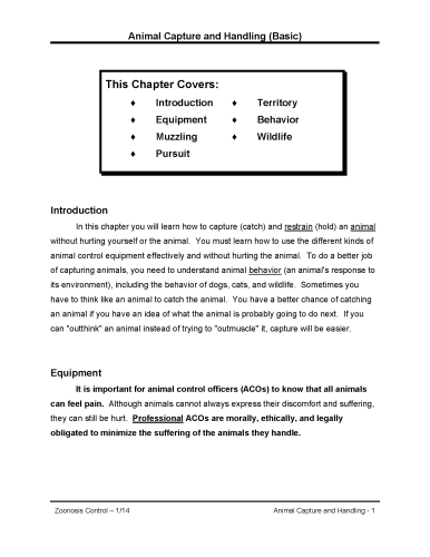 Before redesign: training manual Animal Capture and Handling chapter cover with plain black-and-white layout.