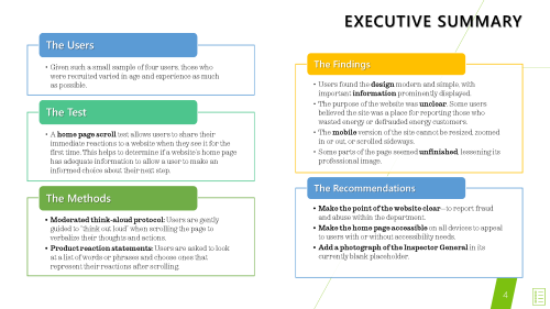 Executive summary with sections for users, test, methods, findings, and recommendations.