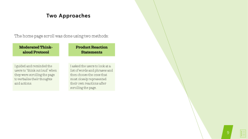 Two approaches page showing moderated think-aloud protocol and product reaction statements.