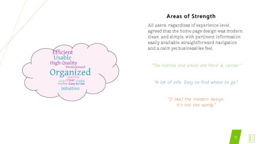 Areas of strength page with word cloud and user quotes.
