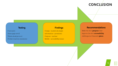 Conclusion page with arrow graphic showing testing, findings, and recommendations.
