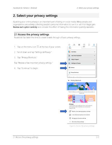 Instructional page showing steps to access Facebook privacy settings, with screenshot of menu and privacy shortcuts highlighted.