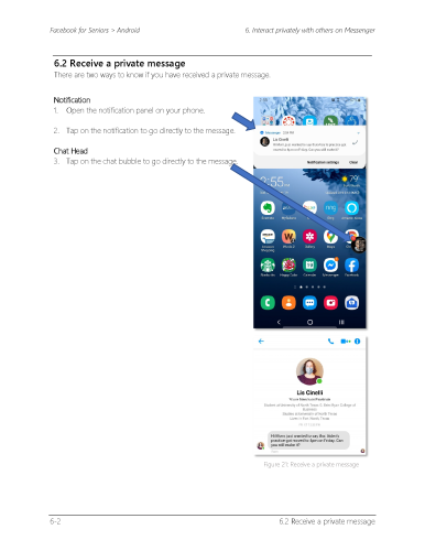 Instructional page showing how to receive a private message on Facebook Messenger, with screenshots of notification panel and Messenger chat screen.