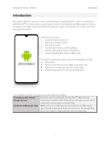 Introduction page of Facebook for Seniors guide, listing learning objectives and assumptions, with an image of a smartphone displaying the Android logo.