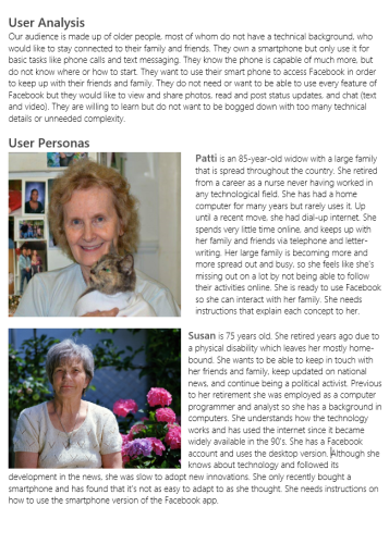 Page describing user analysis and personas, with photos of elderly women labeled Patti and Susan, alongside descriptions of their backgrounds, needs, and goals in using Facebook.