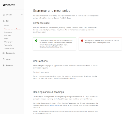 Canada Post content guide showing grammar and mechanics rules with examples of sentence case usage.