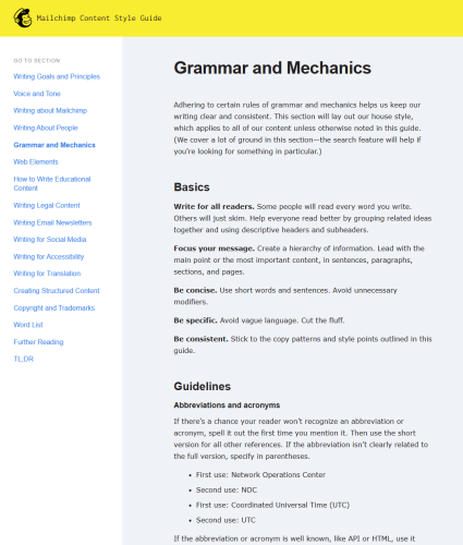 Mailchimp content style guide section on grammar and mechanics with basics and guidelines for writing.