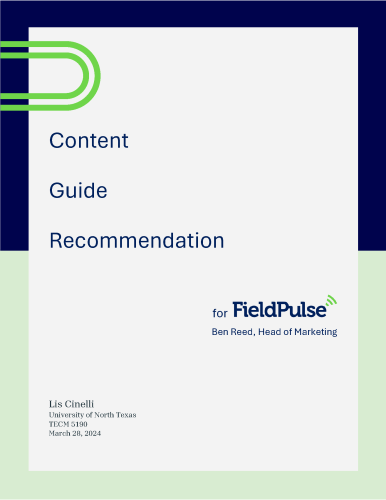 Report cover page titled 'Content Guide Recommendation for FieldPulse' with student and course information.