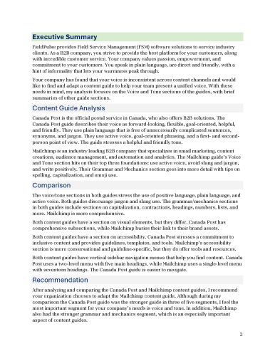 Report page showing executive summary, content guide analysis, comparison, and recommendation sections.