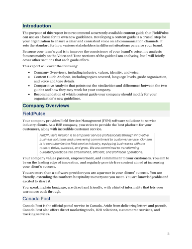 Report page with introduction to the project and company overviews for FieldPulse and Canada Post.