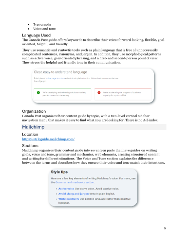 Report page comparing Canada Post and Mailchimp content guides, highlighting language used and guide organization.