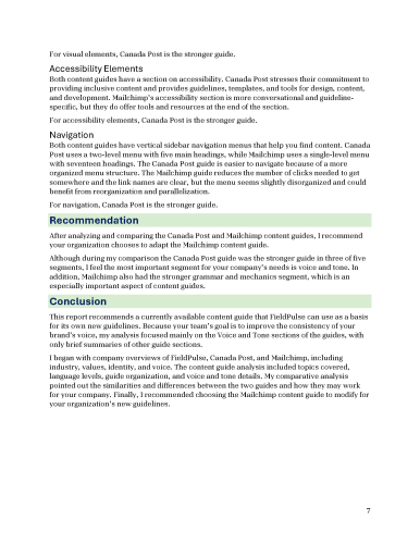 Report page covering accessibility, navigation, final recommendation, and conclusion for content guides.