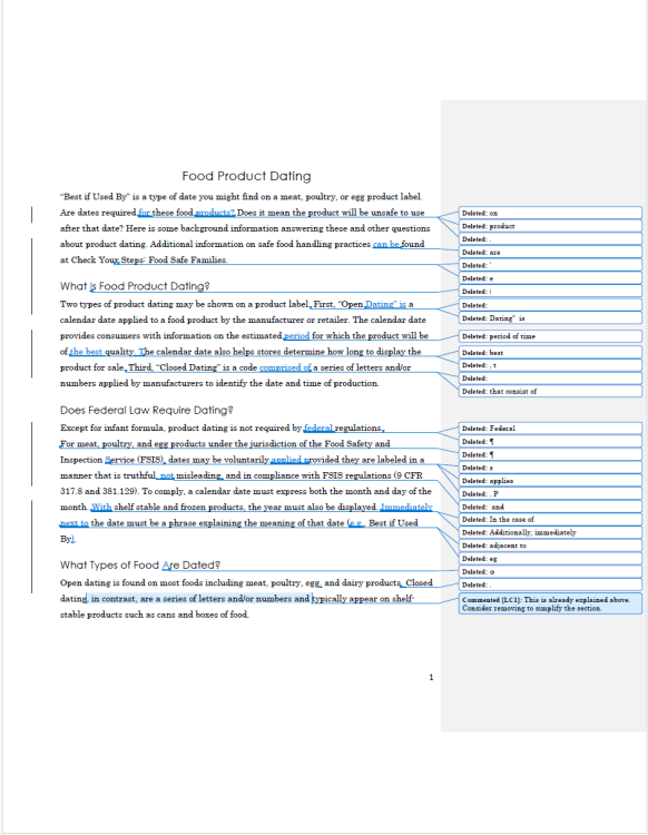 Screenshot of a Word document exported to PDF showing tracked changes and deletions in a guide about food product dating, with comments in balloons on the right side.