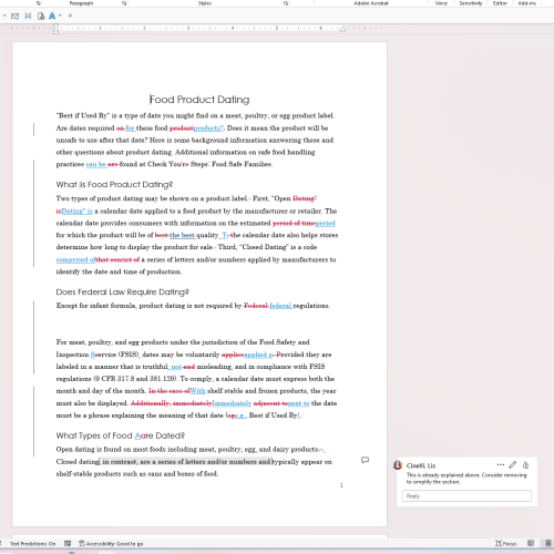 Screenshot of a Word document open in Microsoft Word showing tracked changes in red and blue, with one reviewer comment visible in the right margin.