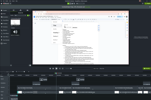 Screenshot of Camtasia editing interface showing Google Docs screen recording timeline, audio tracks, and editing tools.