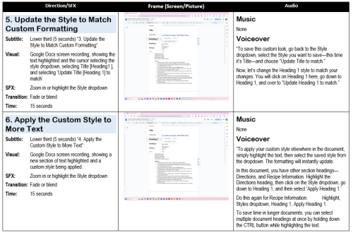 Storyboard for tutorial with two sections showing visuals of Google Docs, subtitles, directions, and corresponding voiceover script.