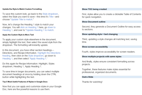 Script showing additional visuals, subtitles, and voiceover instructions for applying and saving styles in Google Docs.