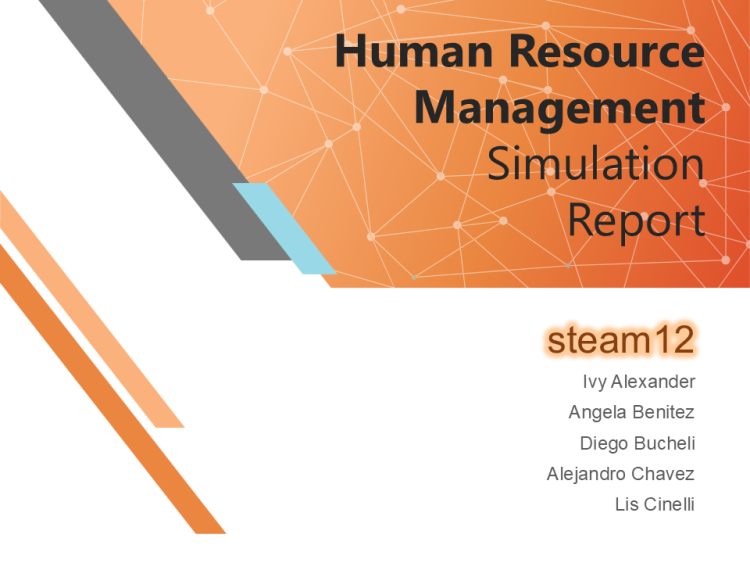 Cover page of Human Resource Management Simulation Report with abstract orange geometric design and list of team members’ names.