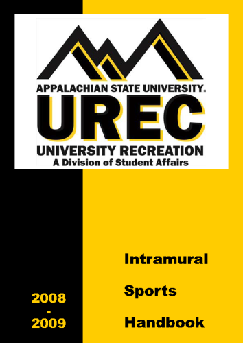 Cover page after redesign: Intramural Sports Handbook 2008–2009, Appalachian State University. Bold split black-and-yellow background with updated UREC mountain logo and modern typography.