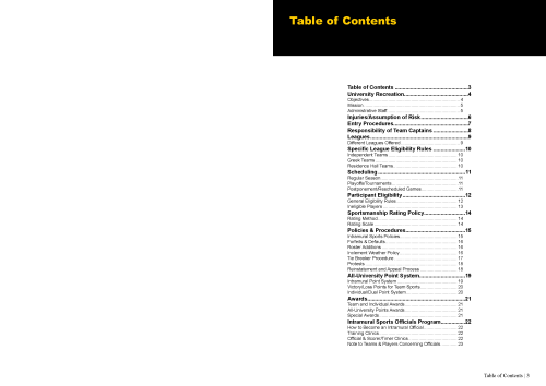 Page after redesign: Black-and-yellow layout with bold “Table of Contents” header. Right column lists all sections with page numbers.
