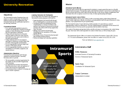 Page after redesign: Two-column spread. Left side lists Objectives, Foundational Beliefs, Administrative Objectives, and Learning Outcomes. Right side includes Mission, Intramural Sports Mission, Code of Ethics, and Administrative Staff. Bottom features hexagon graphic promoting intramurals.