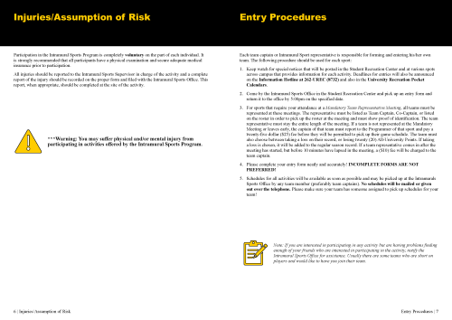 Two-page spread after redesign. Left page: Injuries/Assumption of Risk with a yellow warning icon. Right page: Entry Procedures with numbered list and yellow note icon.