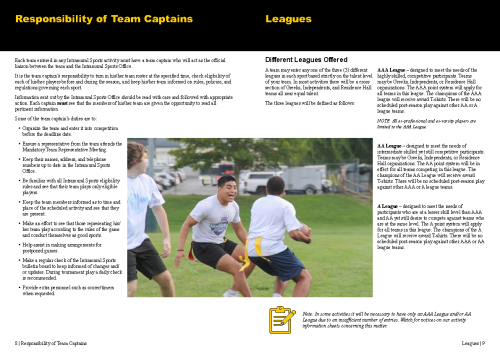 Two-page spread after redesign. Left page: Responsibility of Team Captains with bulleted duties. Right page: Different Leagues Offered. Includes action photo of students playing flag football and yellow note icon.