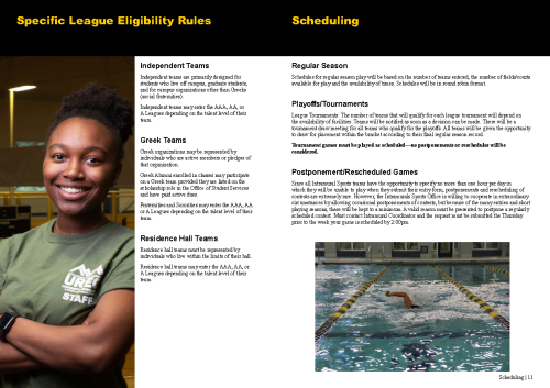 Two-page spread after redesign. Left page: Specific League Eligibility Rules for Independent, Greek, and Residence Hall teams. Right page: Scheduling, including Regular Season, Playoffs/Tournaments, and Postponement rules. Includes student portrait photo on left and swimming pool photo on right.