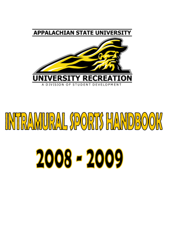 Cover page before redesign: Intramural Sports Handbook 2008–2009, Appalachian State University. White background with block logo of mountain man mascot in black and yellow.