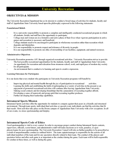 Interior page before redesign: Text-heavy layout with black headings. Sections include Objectives & Mission, Foundational Beliefs, Administrative Objectives, Learning Outcomes, Intramural Sports Mission, and Code of Ethics.