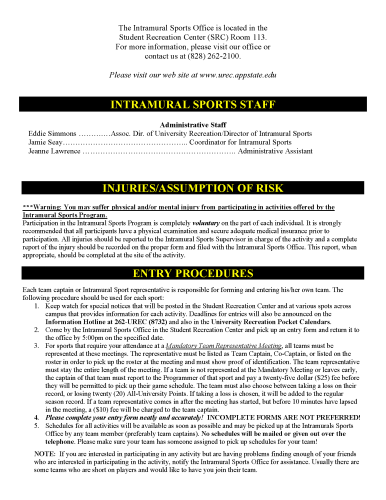 Interior page before redesign: Dense text in two sections. Headings read Injuries/Assumption of Risk and Entry Procedures.