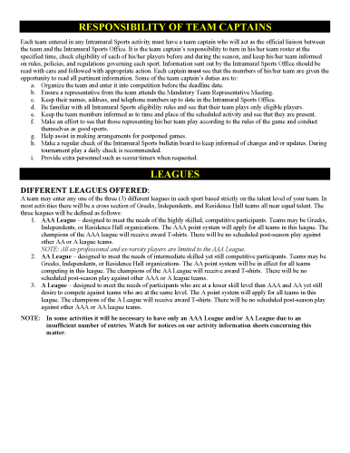 Interior page before redesign: Plain text layout with headings Responsibility of Team Captains and Leagues.