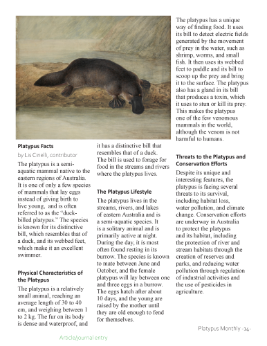 Article/journal entry design – Platypus facts formatted for publication