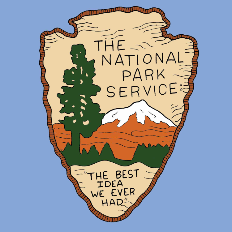 Illustrated cover design of the National Park Service featuring a tree, mountain, and the words “The National Park Service: The Best Idea We Ever Had.”