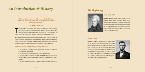 Two-page spread introducing the history of the National Park System, with text on the left and portraits of Andrew Jackson and Abraham Lincoln on the right.