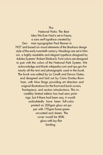 Single page with colophon text detailing typefaces, colors, acknowledgments, and printing specifications for the book.
