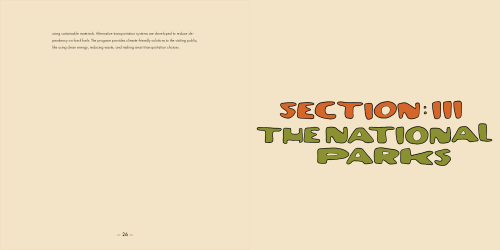 Full-page spread with large illustrated text “SECTION: III THE NATIONAL PARKS” in orange and green against a beige background.