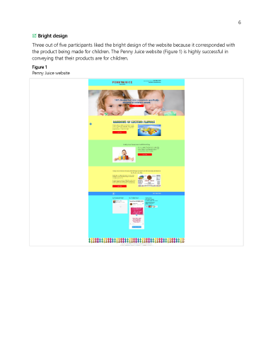 Screenshot of PennyJuice homepage with bright colors and large child-focused images, analyzed for visual appeal to children.