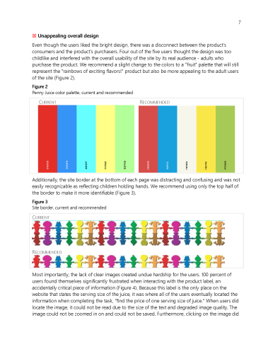 Comparison of PennyJuice color palettes current versus recommended, alongside site border illustrations of children holding hands in current and simplified recommended version.