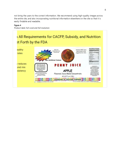Close-up of PennyJuice product label with nutrition facts, serving instructions, and colorful imagery, noted for poor readability and resolution.