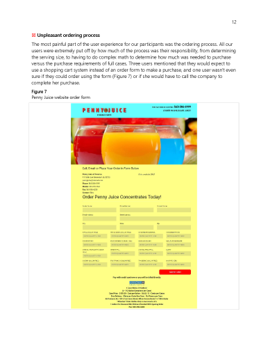 Screenshot of PennyJuice order form webpage with extensive fields for product selection, contact details, and submission button, analyzed as confusing for users.