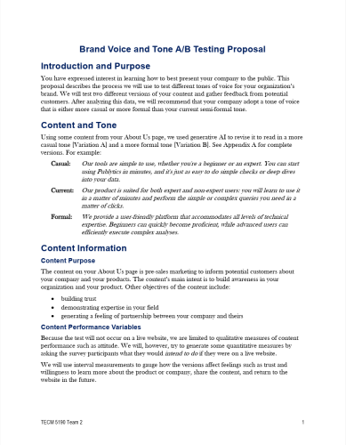 age one of the Publytics Brand Voice and Tone A/B Testing Proposal. Includes introduction, purpose, and examples of casual, current, and formal tone variations.