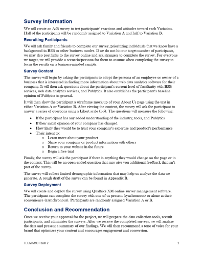 Page two of the Publytics Brand Voice and Tone A/B Testing Proposal. Covers survey information, recruiting participants, survey content, deployment, and conclusion.