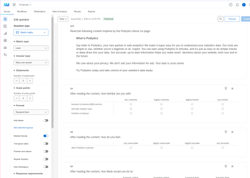 Qualtrics survey Version A mockup displaying the casual tone variation for Publytics. Includes sample text and Likert-scale questions on familiarity, trust, and likelihood of action.
