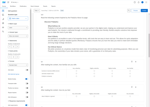 Qualtrics survey Version B mockup displaying the formal tone variation for Publytics. Includes structured content sections and Likert-scale questions on familiarity, trust, and likelihood of action.