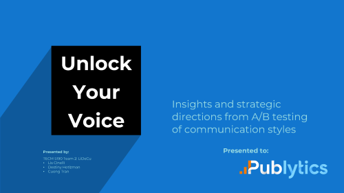 Presentation title slide with blue background and black box containing the words "Unlock Your Voice." Subtitle reads "Insights and strategic directions from A/B testing of communication styles." Presented by TECM 5190 Team 2: Lis Cinelli, Destiny Hotlzman, and Cuong Tran. Publytics logo appears at bottom right.