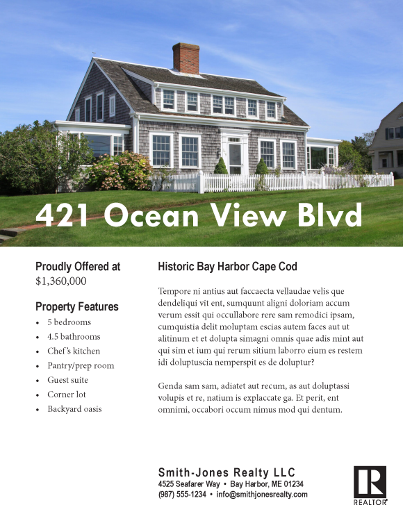 Redesigned real estate flyer with clean white layout, clear headings, and organized property features.