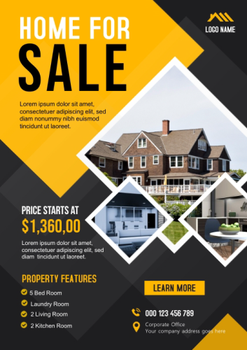 Original real estate flyer with bold SALE headline, dark background, and cluttered layout.